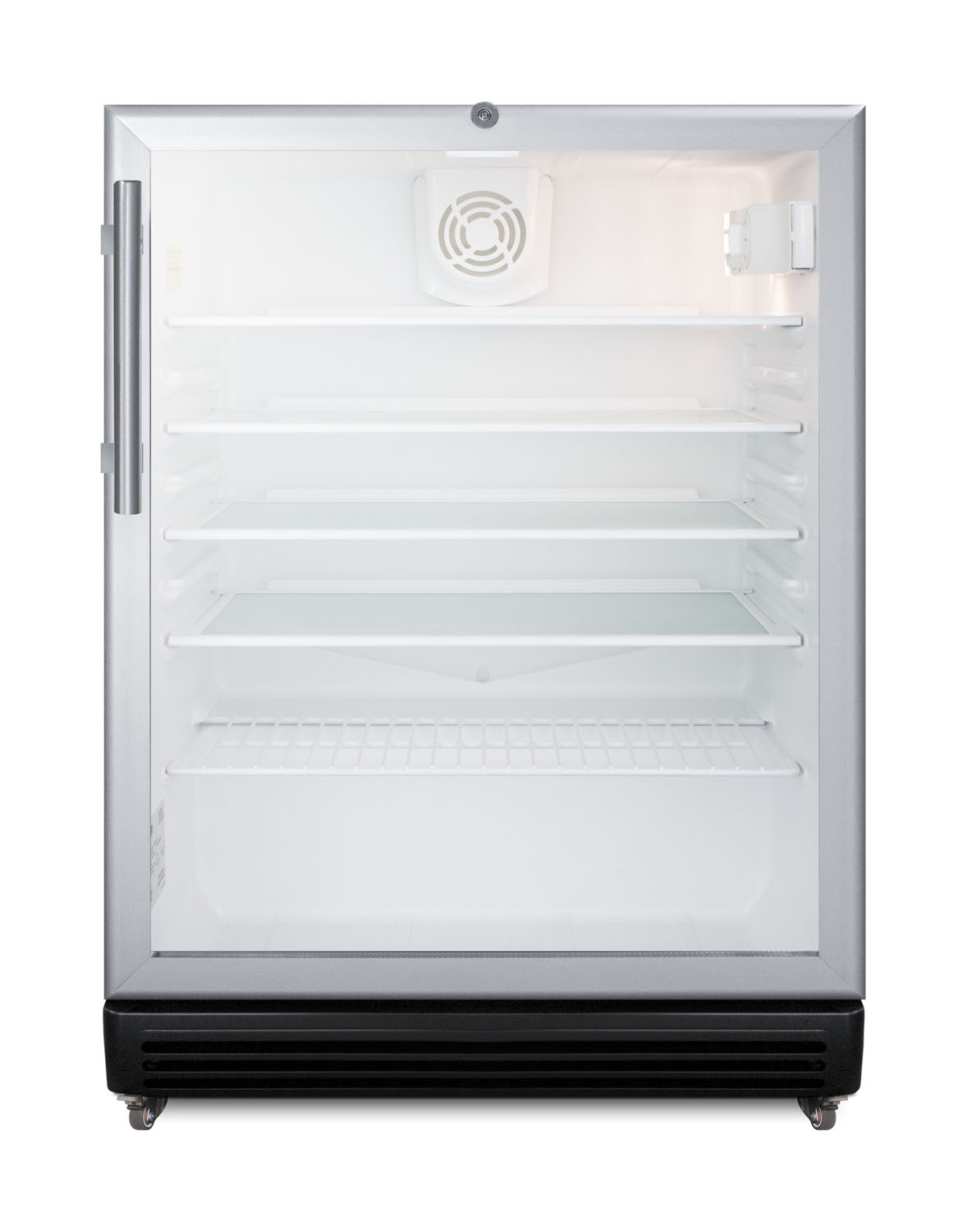 Commercial 5.5 cu.ft. glass door beverage center with stainless steel work surface, front lock, and pre-installed 1